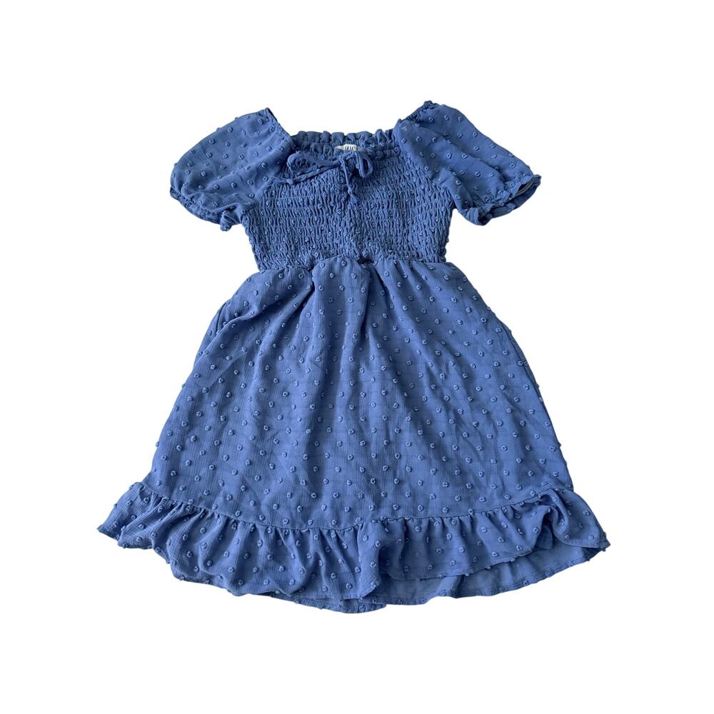 AUW Girls Blue Smocked Swiss Dot Dress Puff Sleeve Size 8